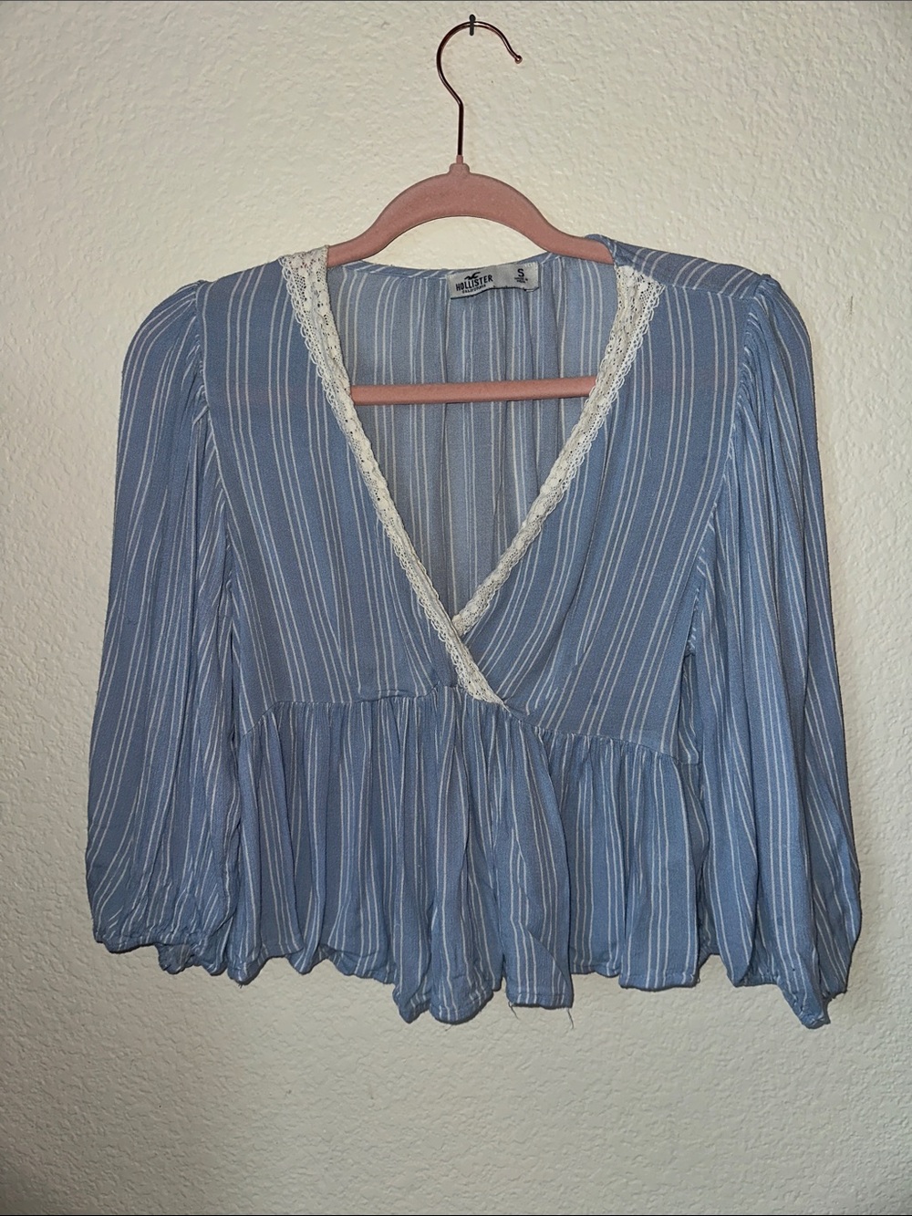 Hollister Blue & White Striped Lace-Trim Wrap Peplum Blouse